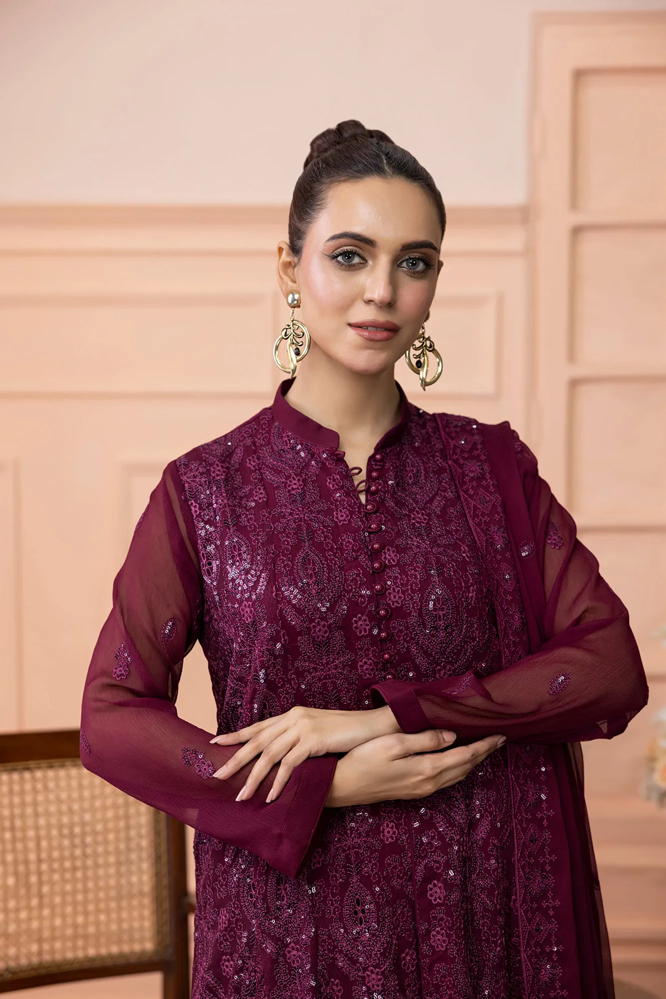 Classic Maroon Embroidered stitched 3-piece