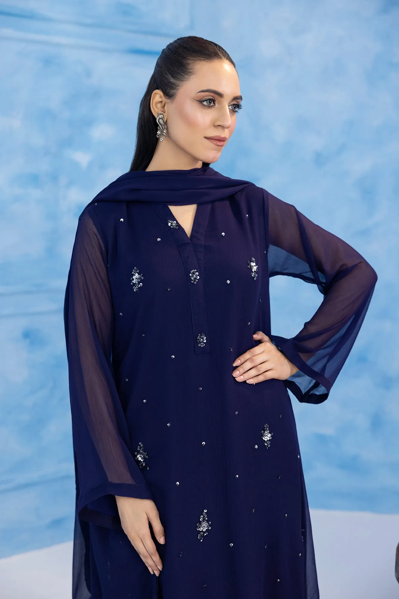 Classic Navy Blue Embroidered stitched 3-piece