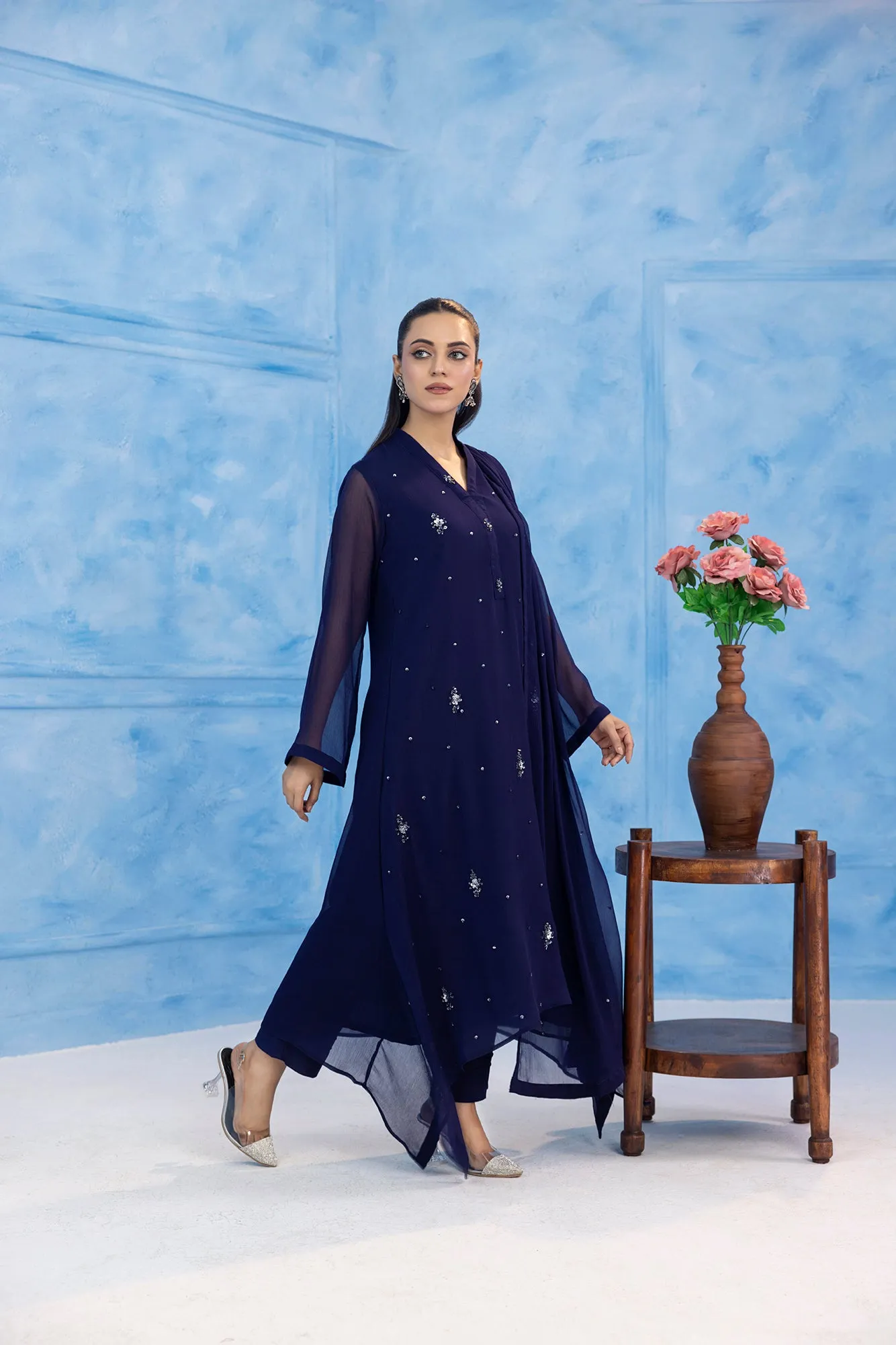 Classic Navy Blue Embroidered stitched 3-piece