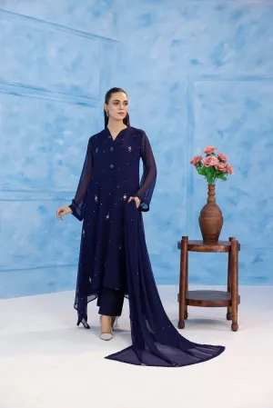 Classic Navy Blue Embroidered stitched 3-piece