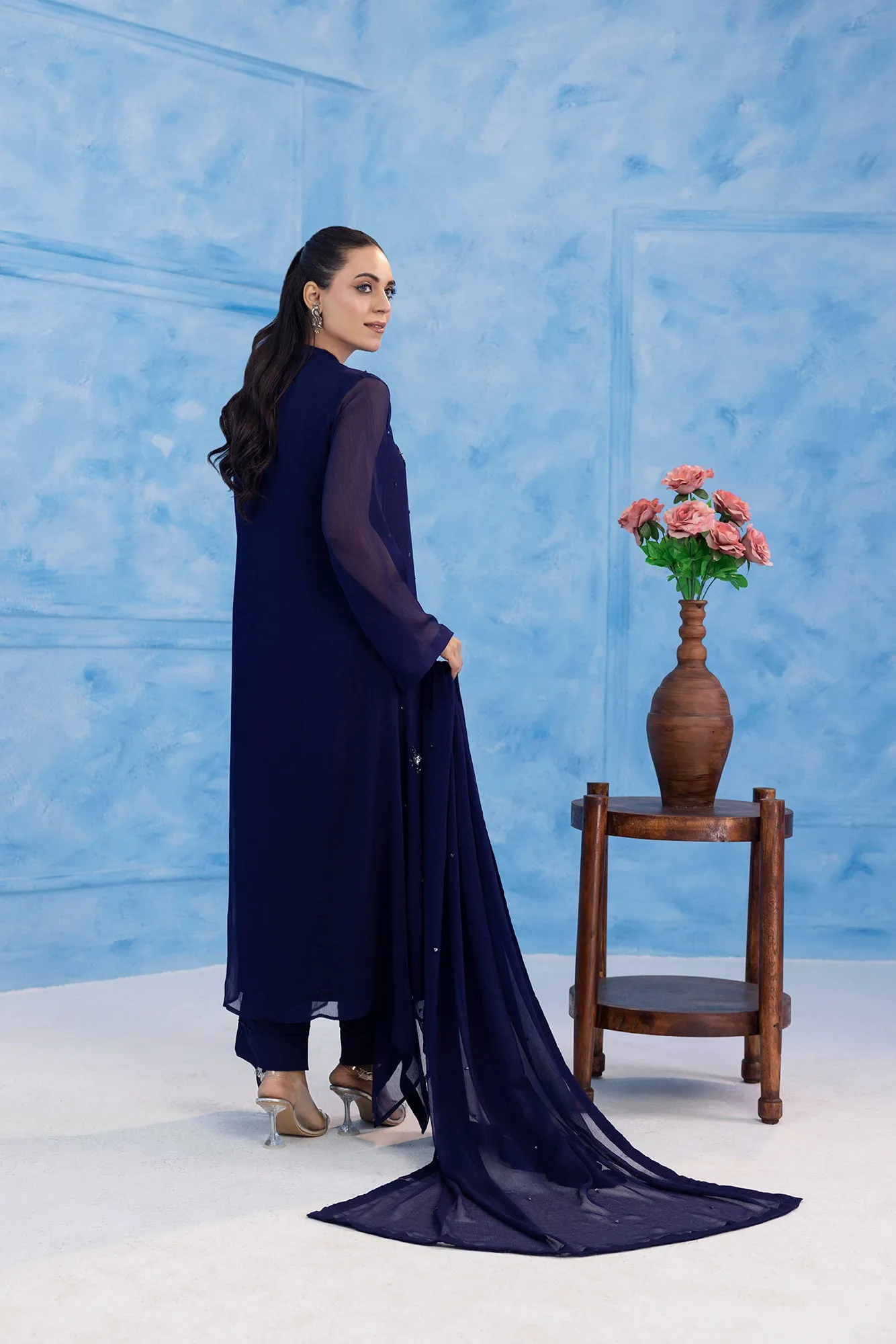 Classic Navy Blue Embroidered stitched 3-piece