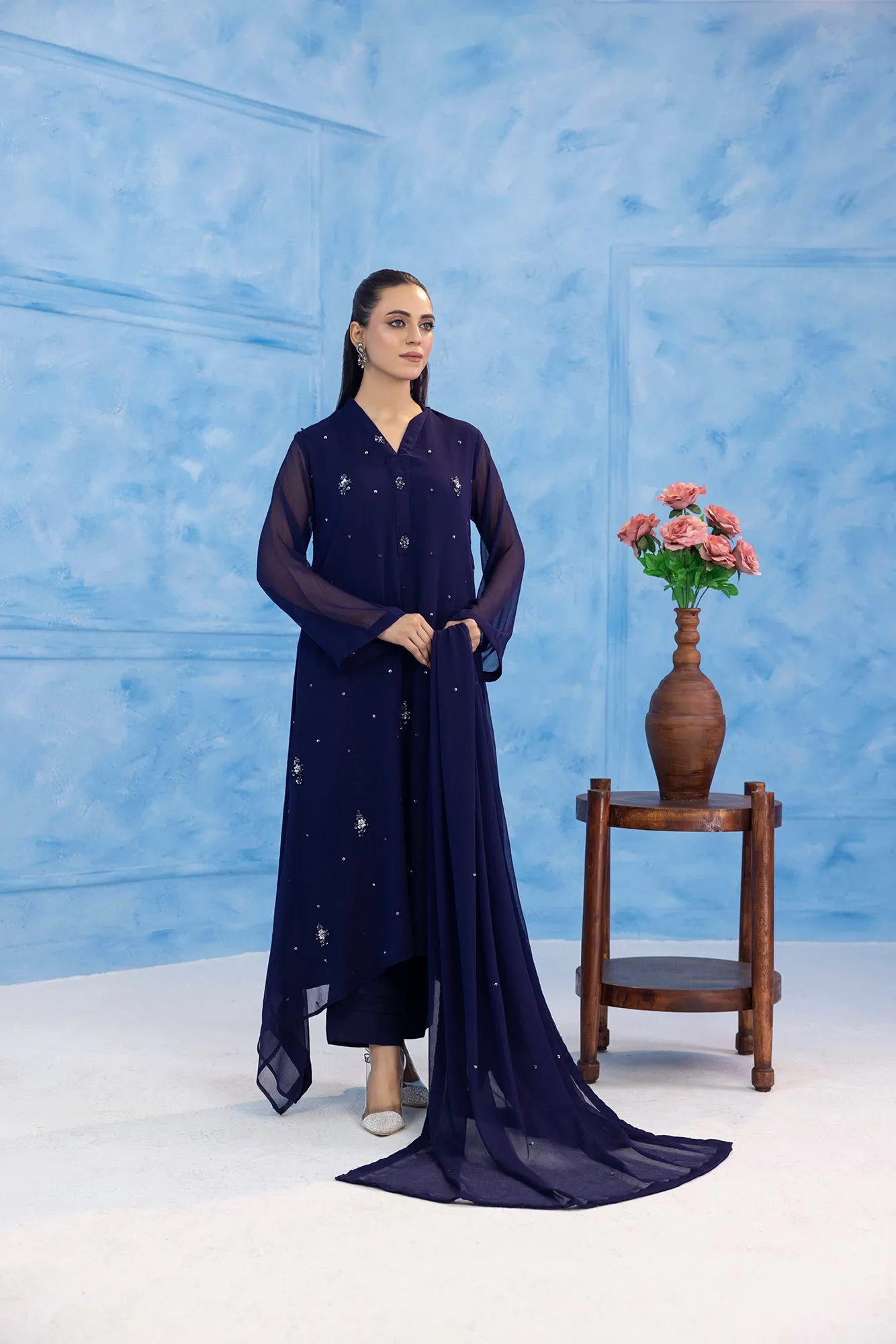 Classic Navy Blue Embroidered stitched 3-piece