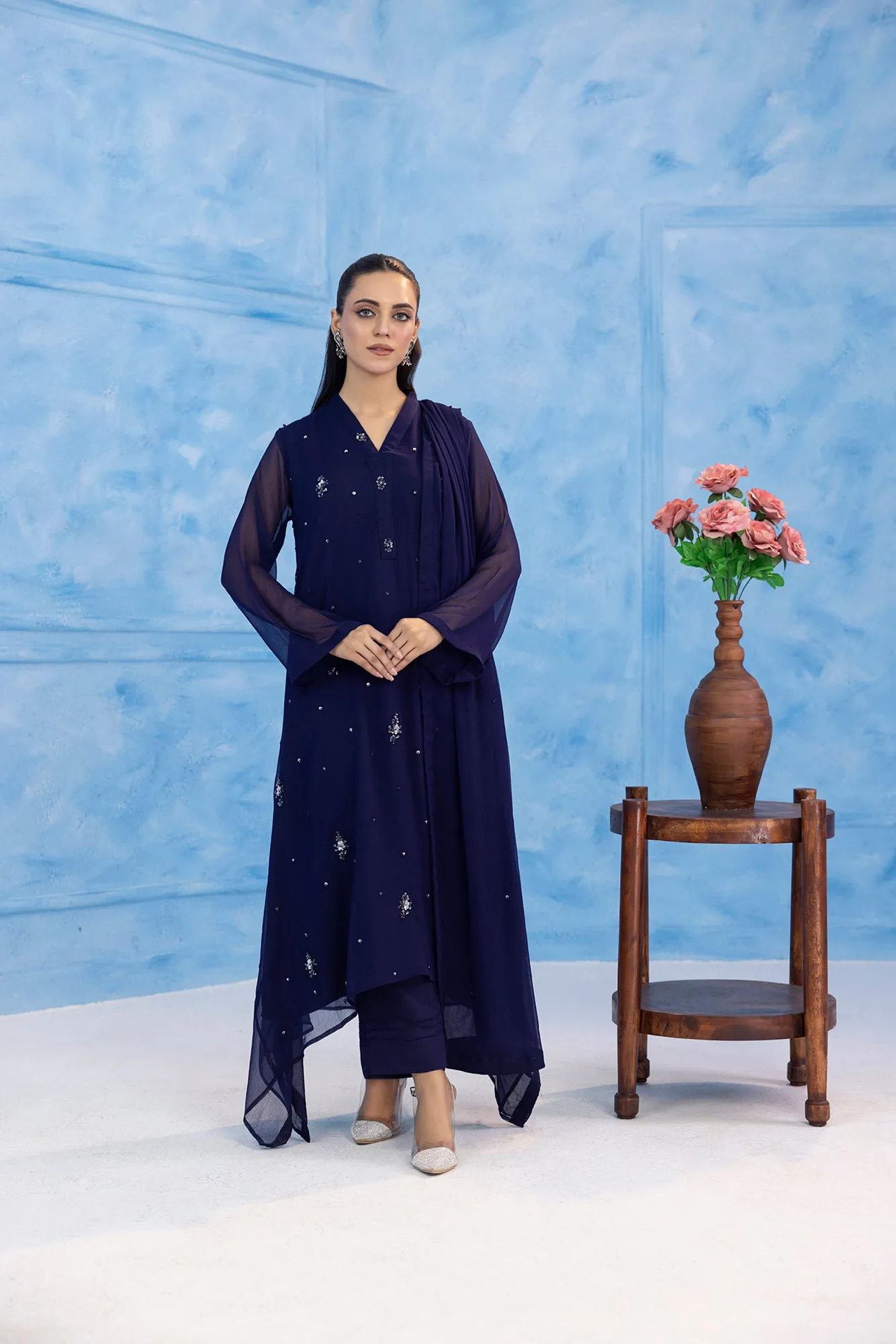 Classic Navy Blue Embroidered stitched 3-piece