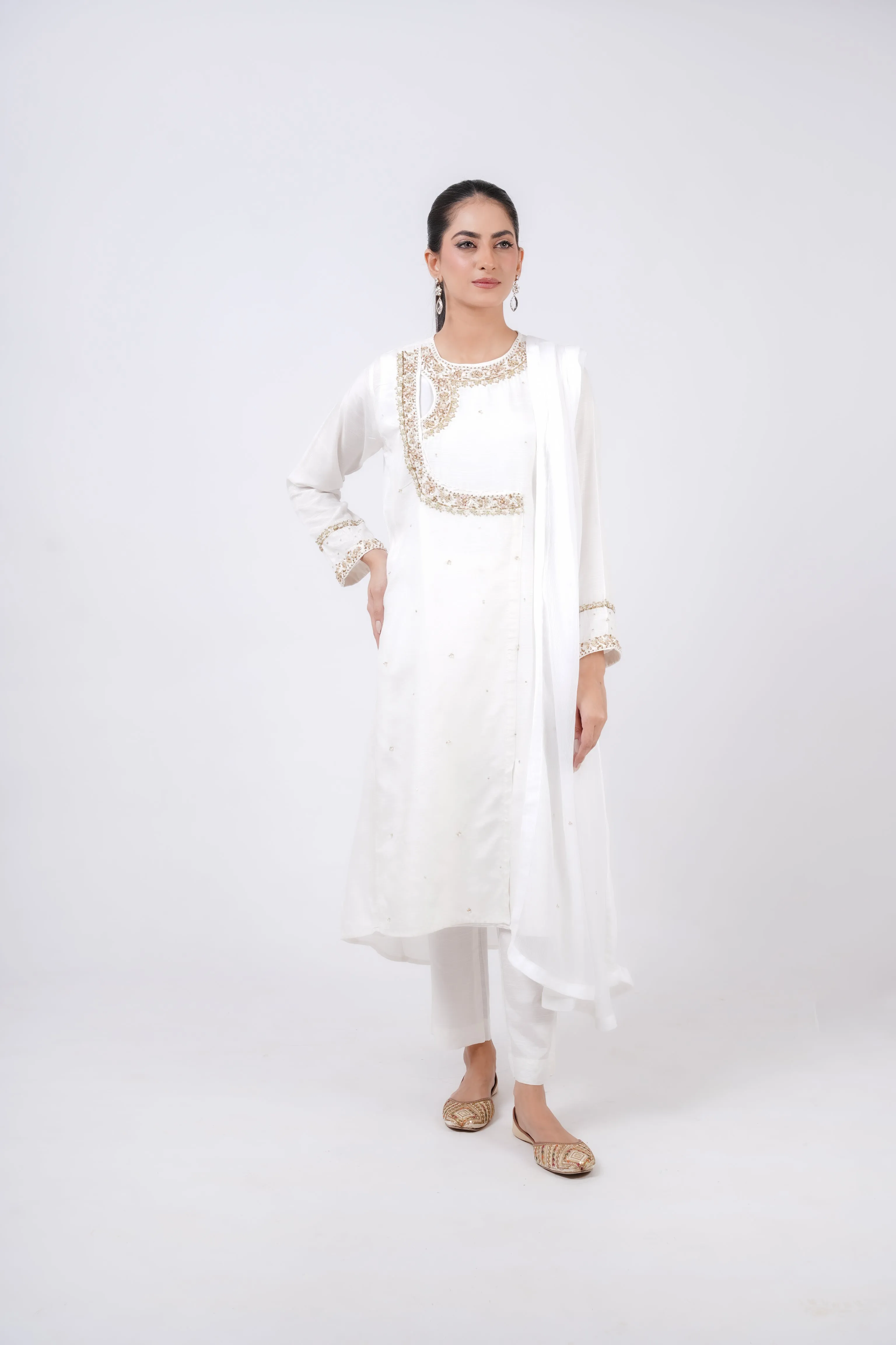 Classic White Embroidered stitched 3-piece