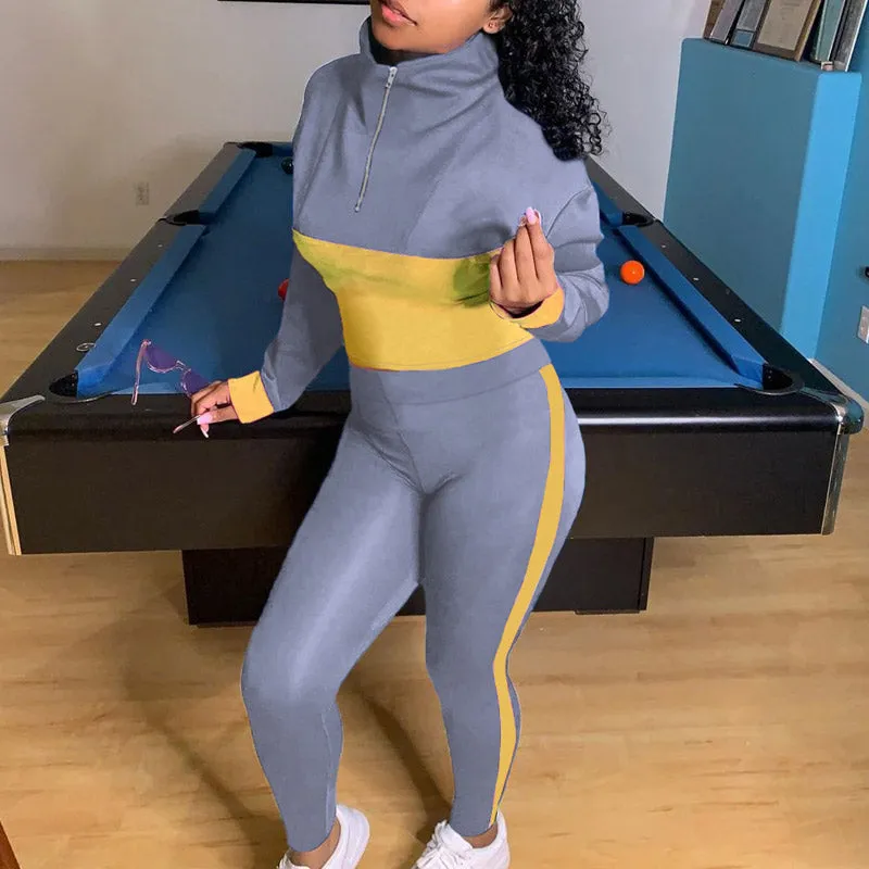 Colorblcok Zipper Design Long Sleeve Top & Pants Set
