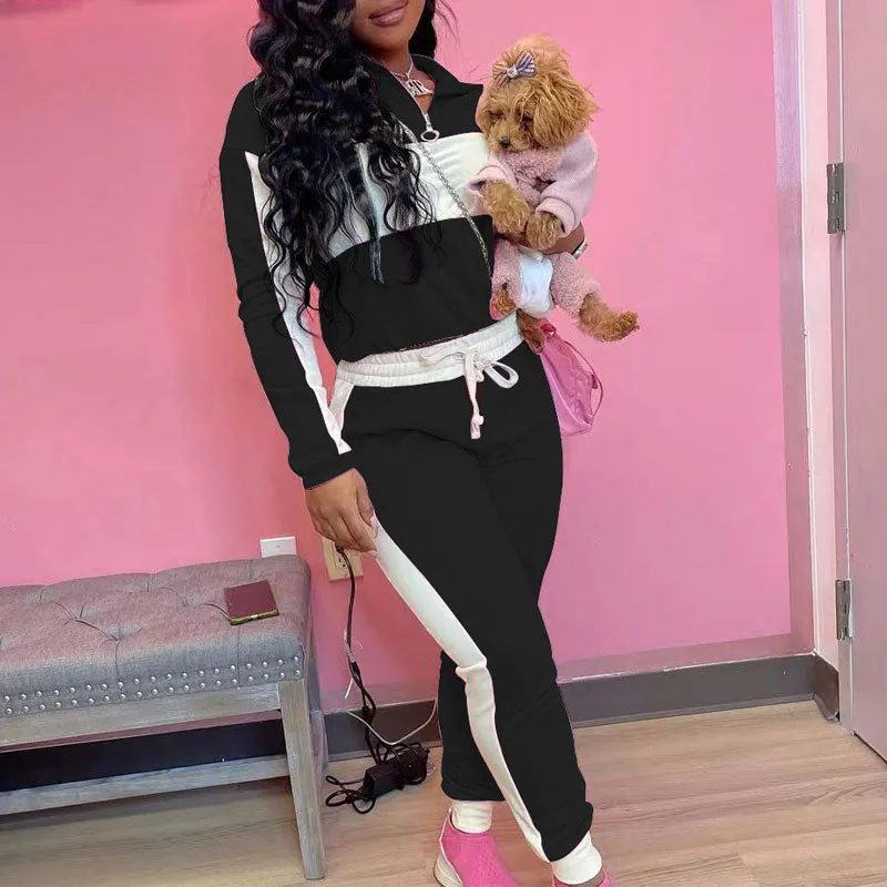 Colorblock Long Sleeve Zipper Design Top & Pants Set