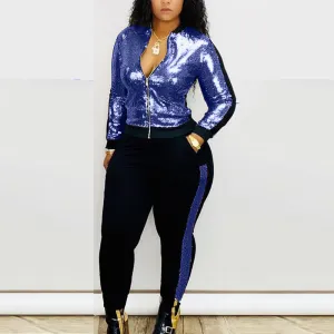 Colorblock Sequins Zipper Design Jacket & Pants Set