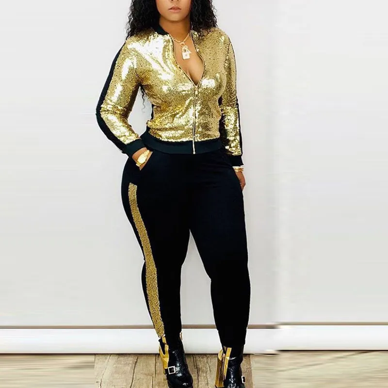 Colorblock Sequins Zipper Design Jacket & Pants Set