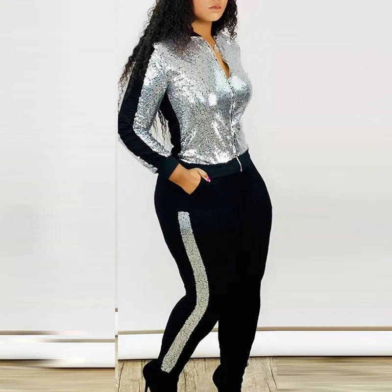 Colorblock Sequins Zipper Design Jacket & Pants Set