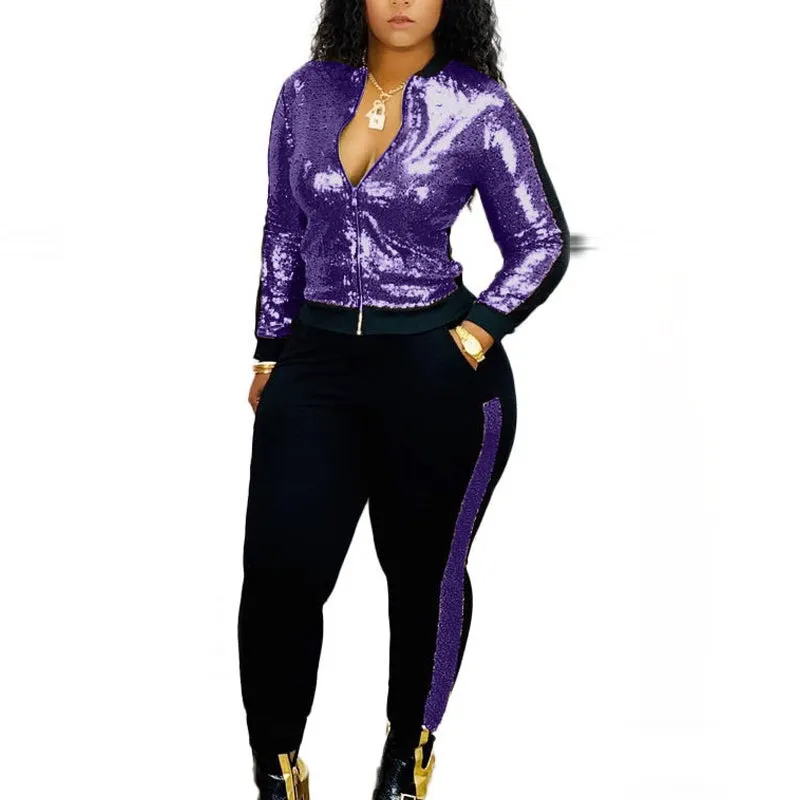 Colorblock Sequins Zipper Design Jacket & Pants Set