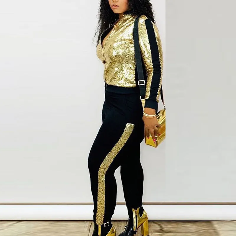 Colorblock Sequins Zipper Design Jacket & Pants Set