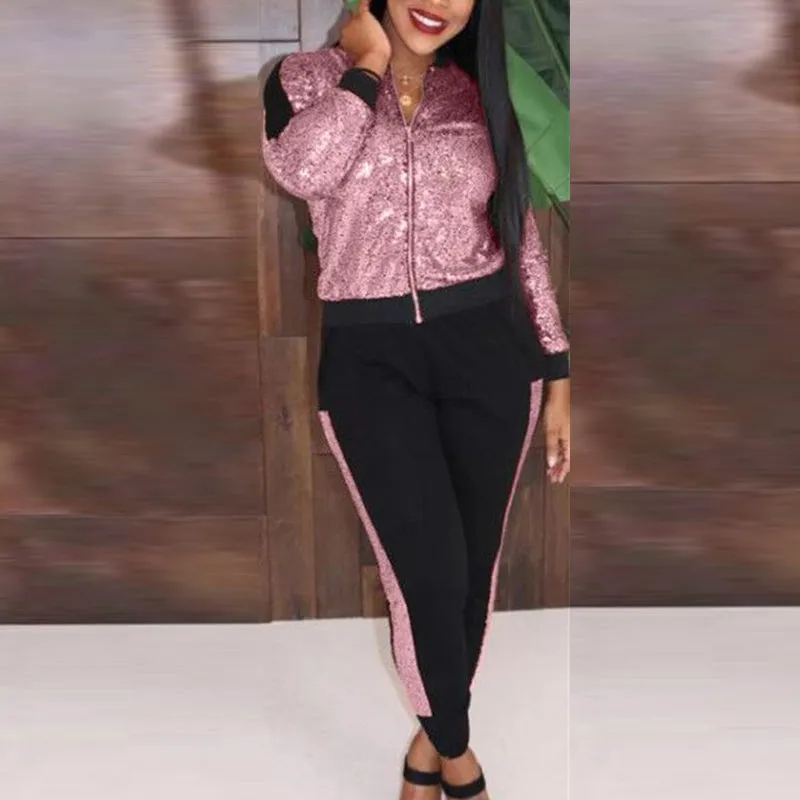 Colorblock Sequins Zipper Design Jacket & Pants Set