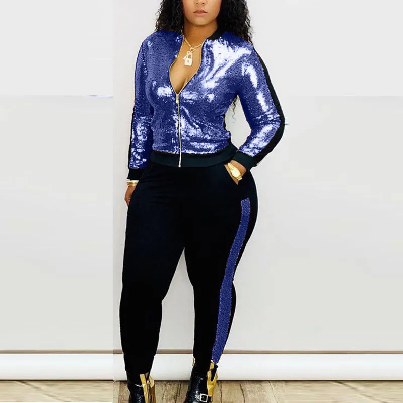 Colorblock Sequins Zipper Design Jacket & Pants Set