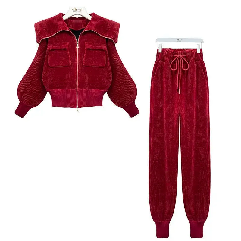 Corduroy Polo Neck Slim Coat High Waist Casual Pants