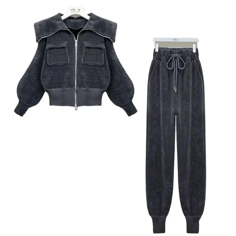 Corduroy Polo Neck Slim Coat High Waist Casual Pants