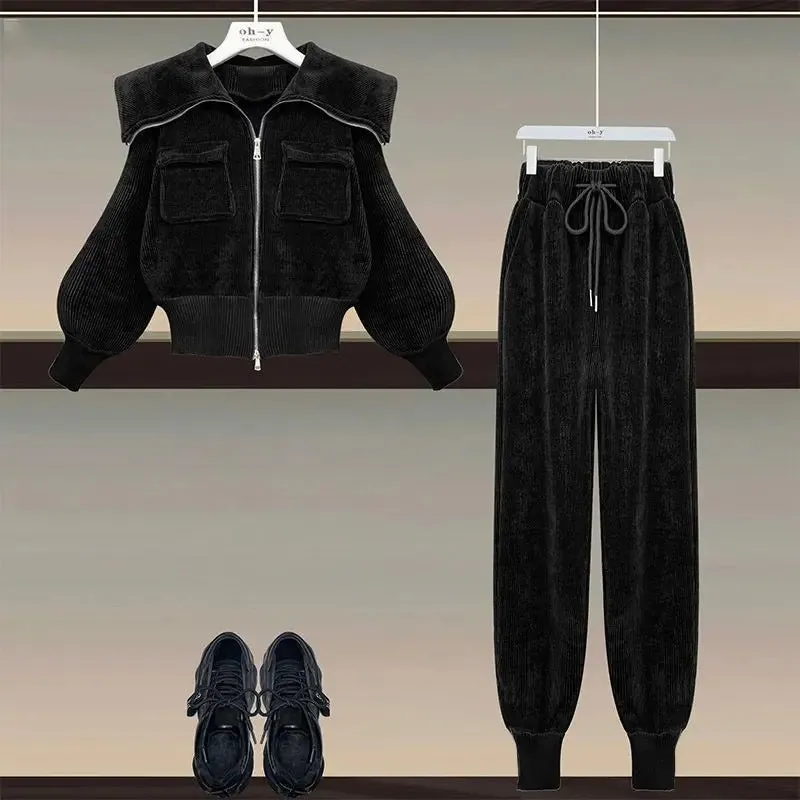 Corduroy Polo Neck Slim Coat High Waist Casual Pants