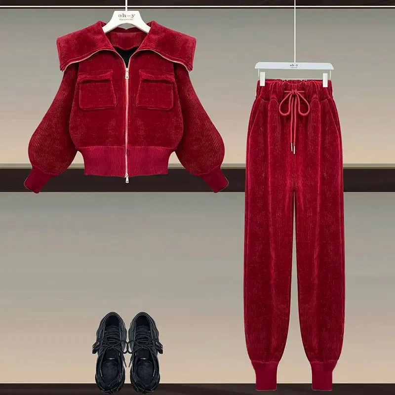 Corduroy Polo Neck Slim Coat High Waist Casual Pants