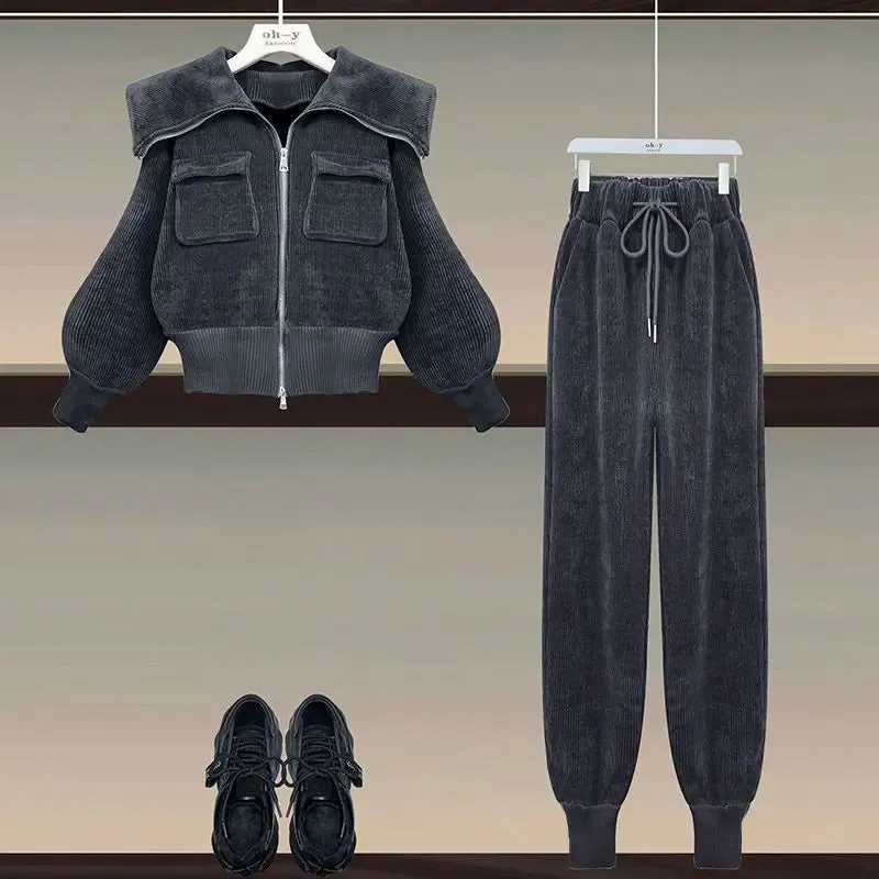 Corduroy Polo Neck Slim Coat High Waist Casual Pants