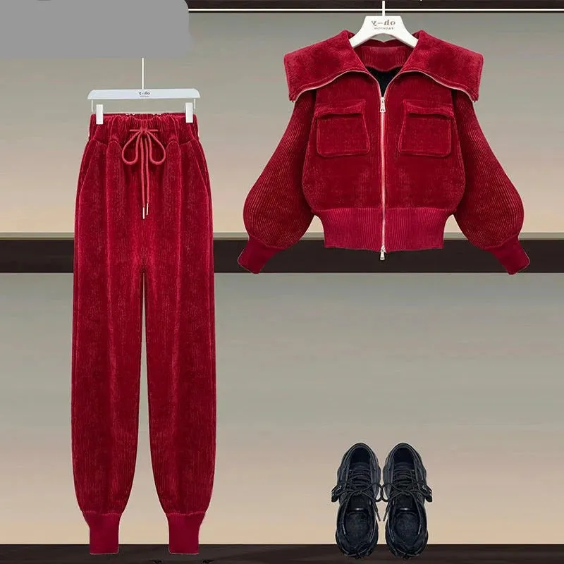Corduroy Polo Neck Slim Coat High Waist Casual Pants