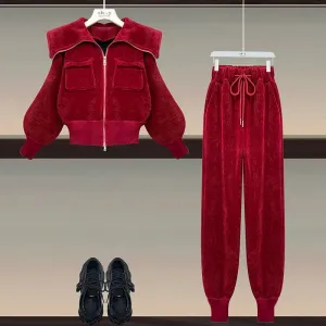 Corduroy Polo Neck Slim Coat High Waist Casual Pants