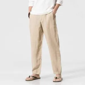 Cotton Linen Zip Fly Elastic Waist Pants