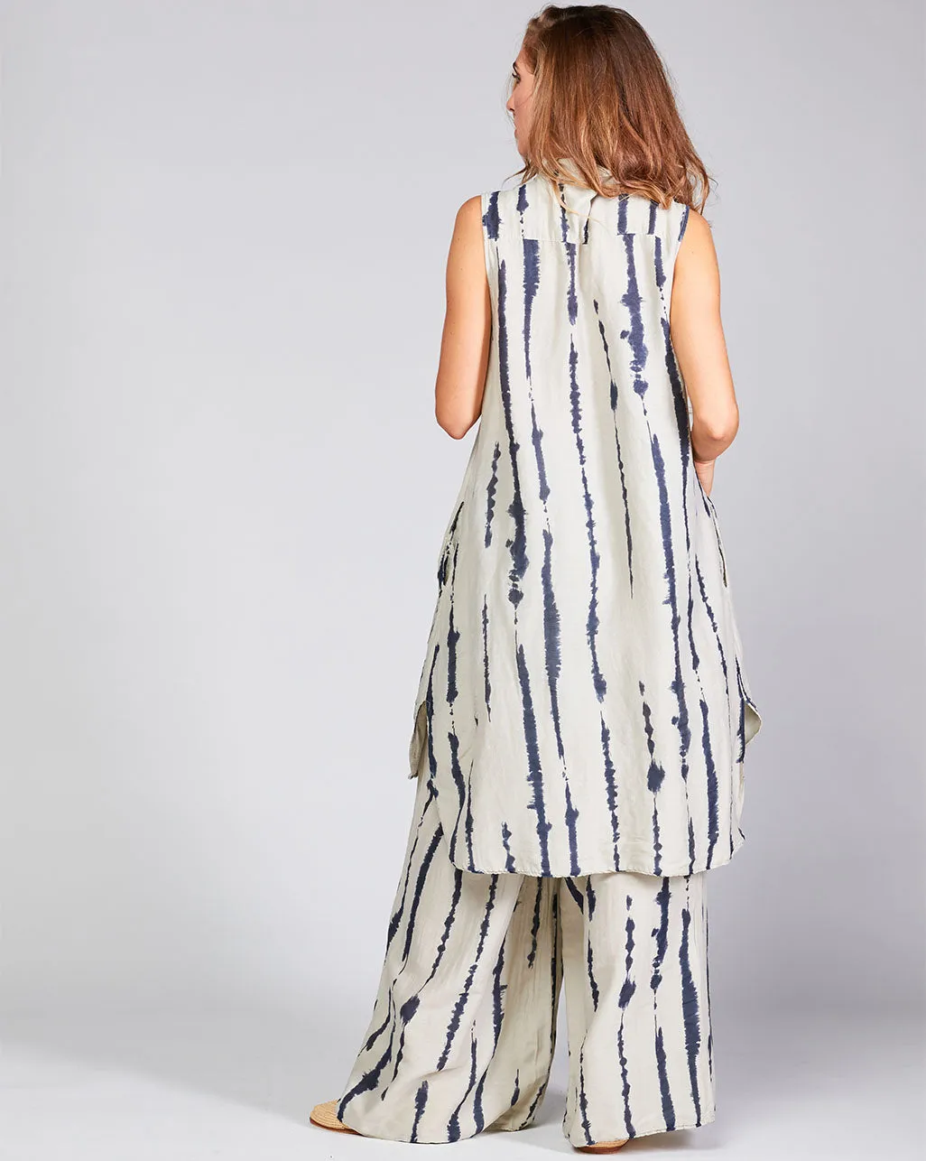 Cotton Silk Blend Drip Striped Sleeveless Button-Up Shirtdress