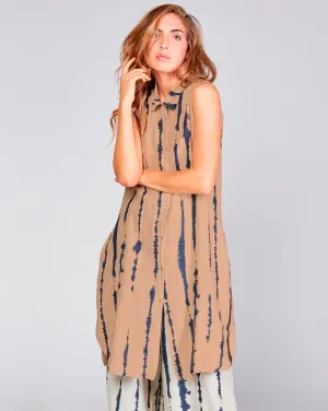 Cotton Silk Blend Drip Striped Sleeveless Button-Up Shirtdress