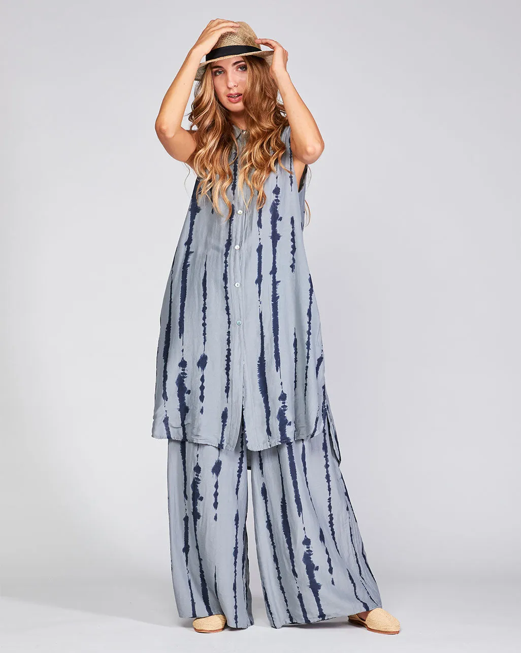 Cotton Silk Blend Drip Striped Sleeveless Button-Up Shirtdress