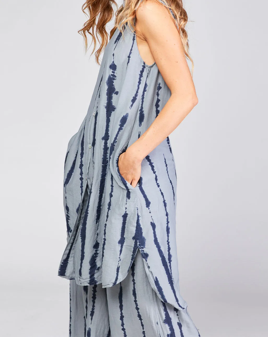 Cotton Silk Blend Drip Striped Sleeveless Button-Up Shirtdress