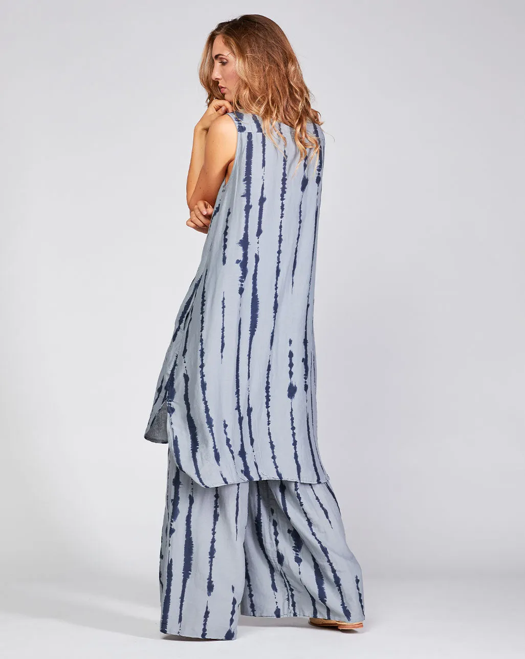 Cotton Silk Blend Drip Striped Sleeveless Button-Up Shirtdress