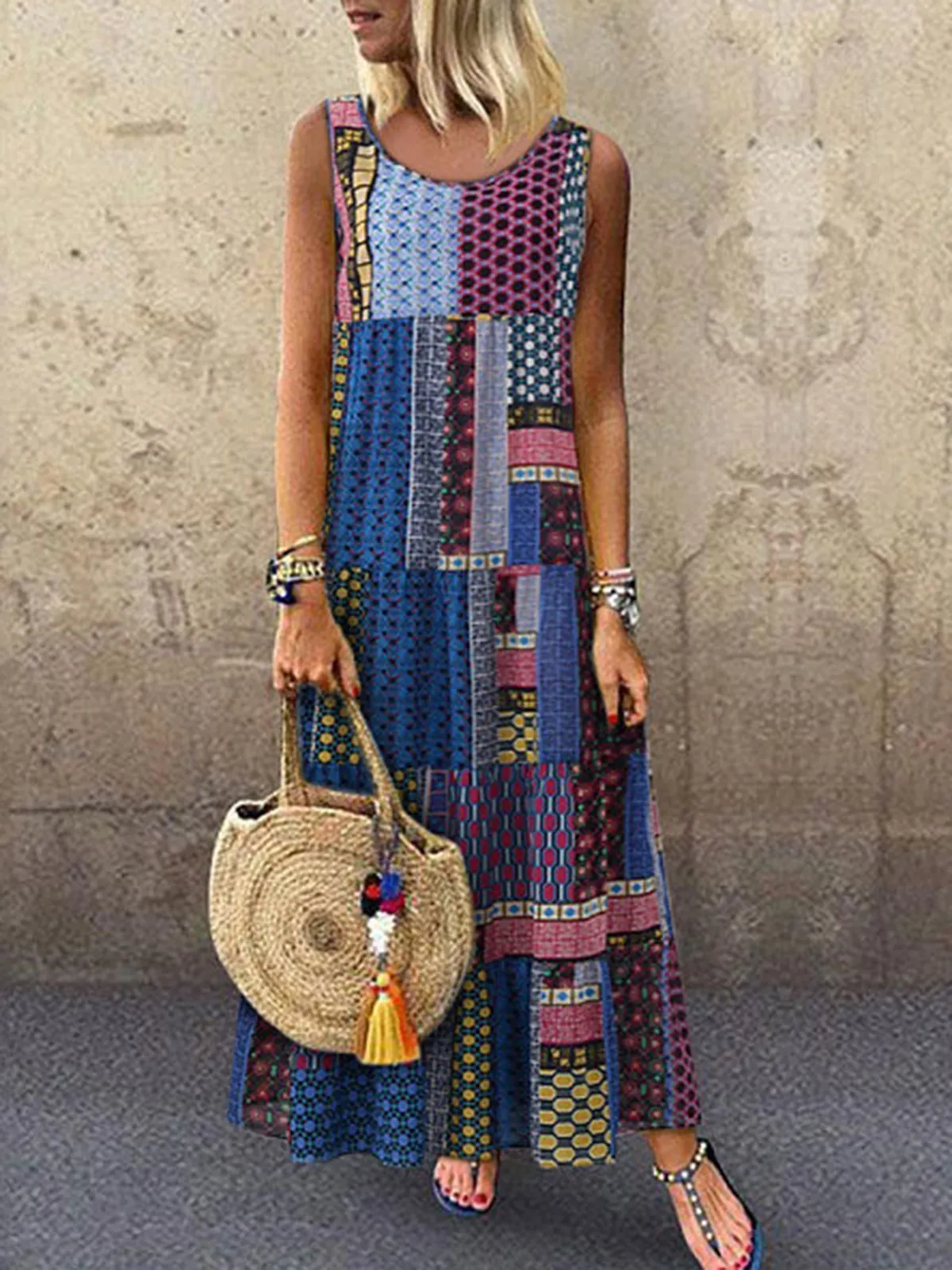 Crew Neck Women Dresses Shift Daytime Printed Patchwork Maxi Dresses