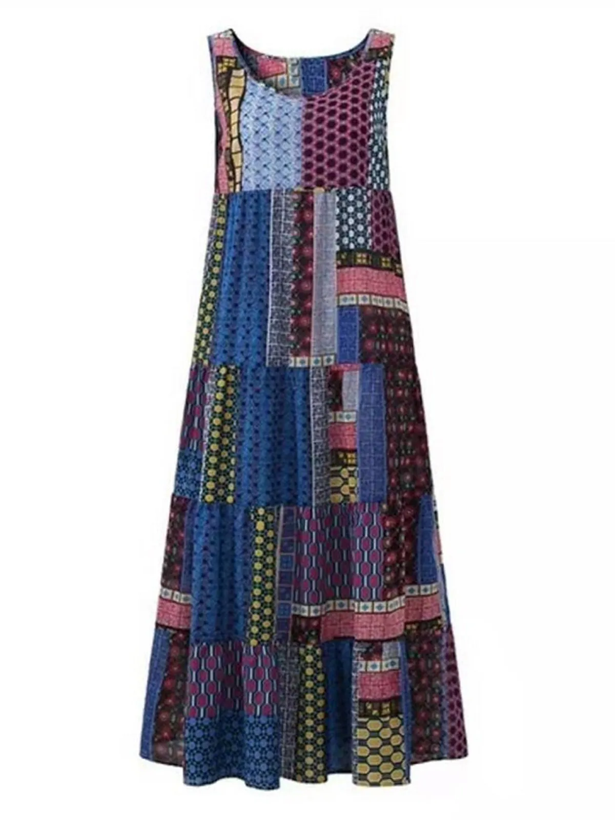 Crew Neck Women Dresses Shift Daytime Printed Patchwork Maxi Dresses