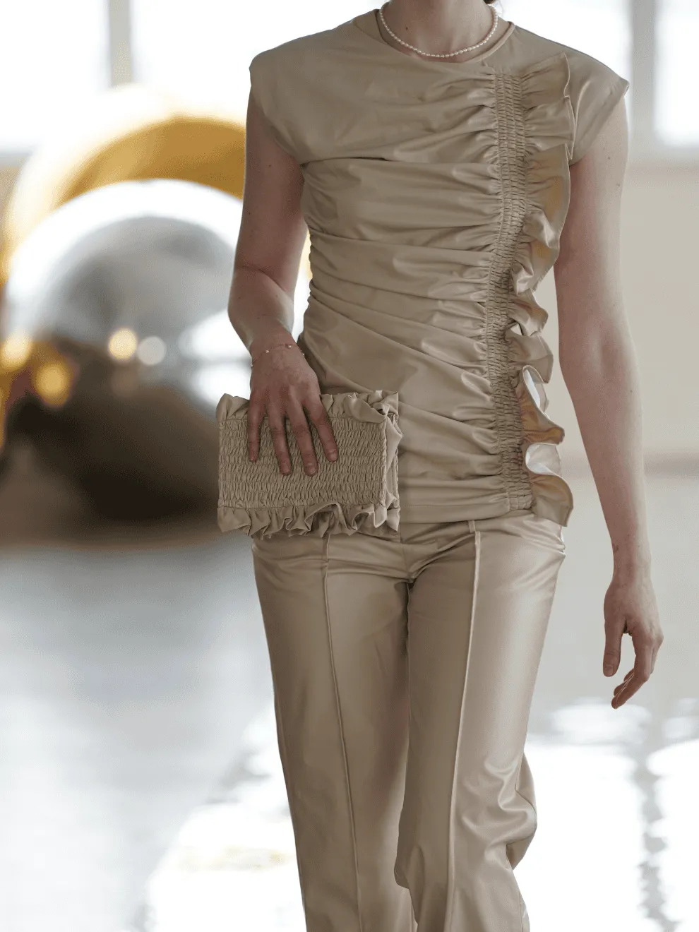 Crème Faux Leather Side Gathered Top with Ruffle Detail