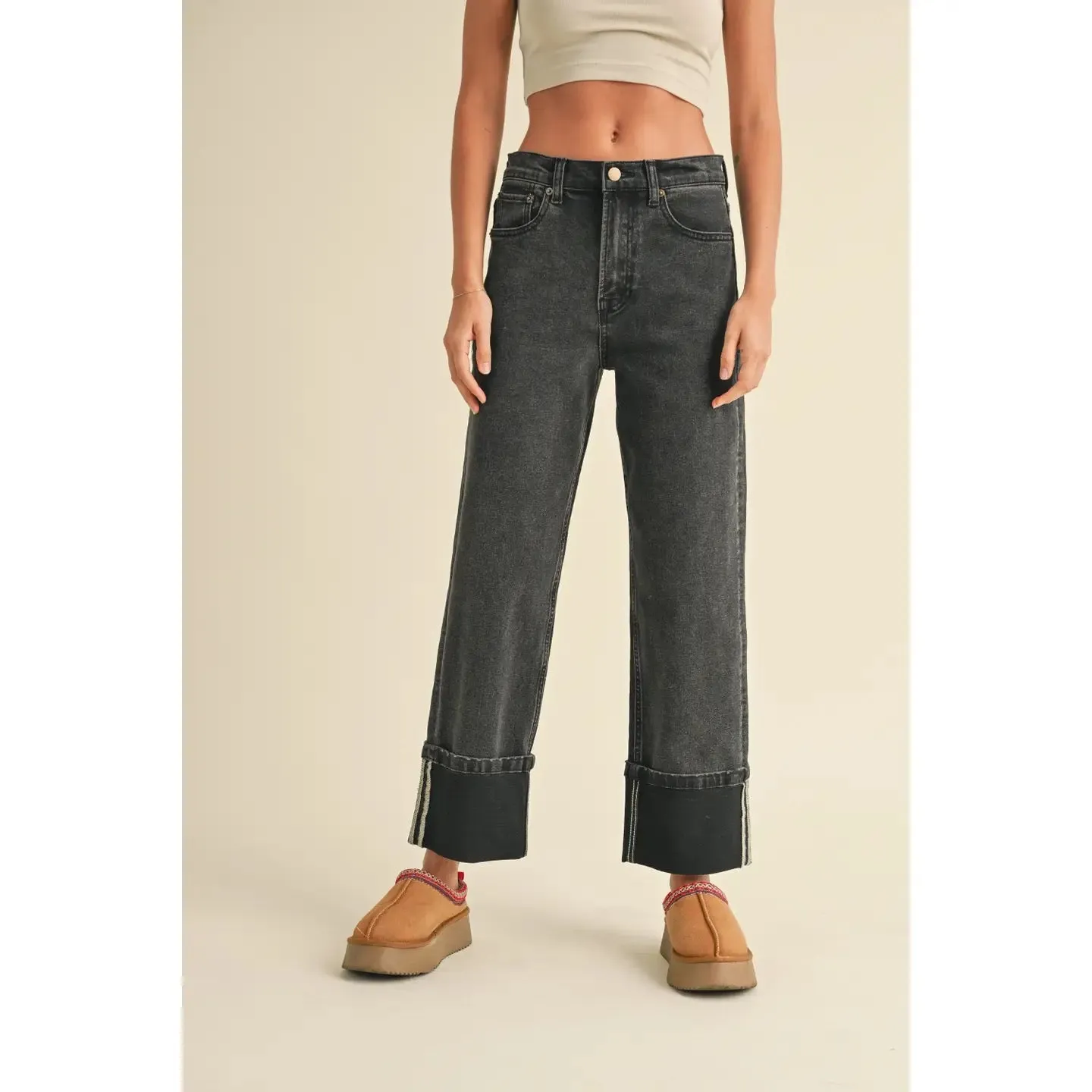 Cuffed Bottom Black Denim Pants