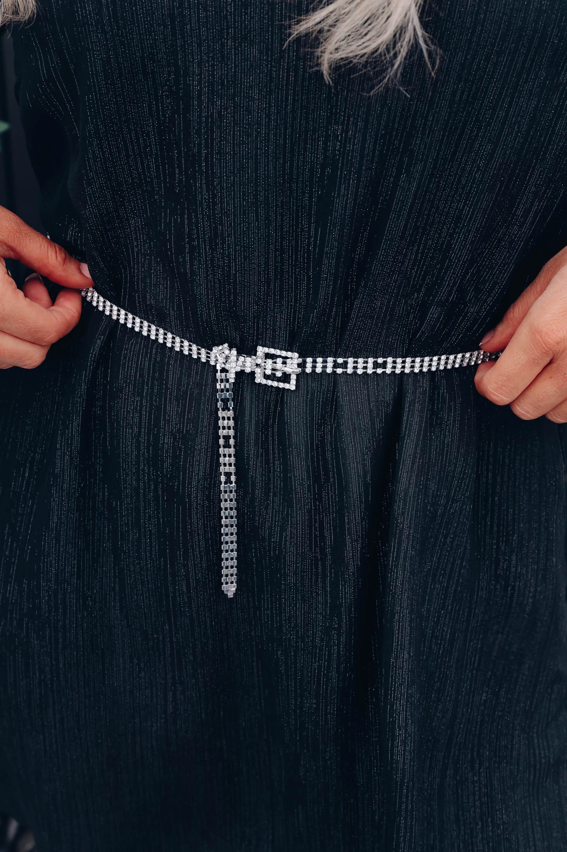 Dainty Three Line Rhinestone Belt - Silver