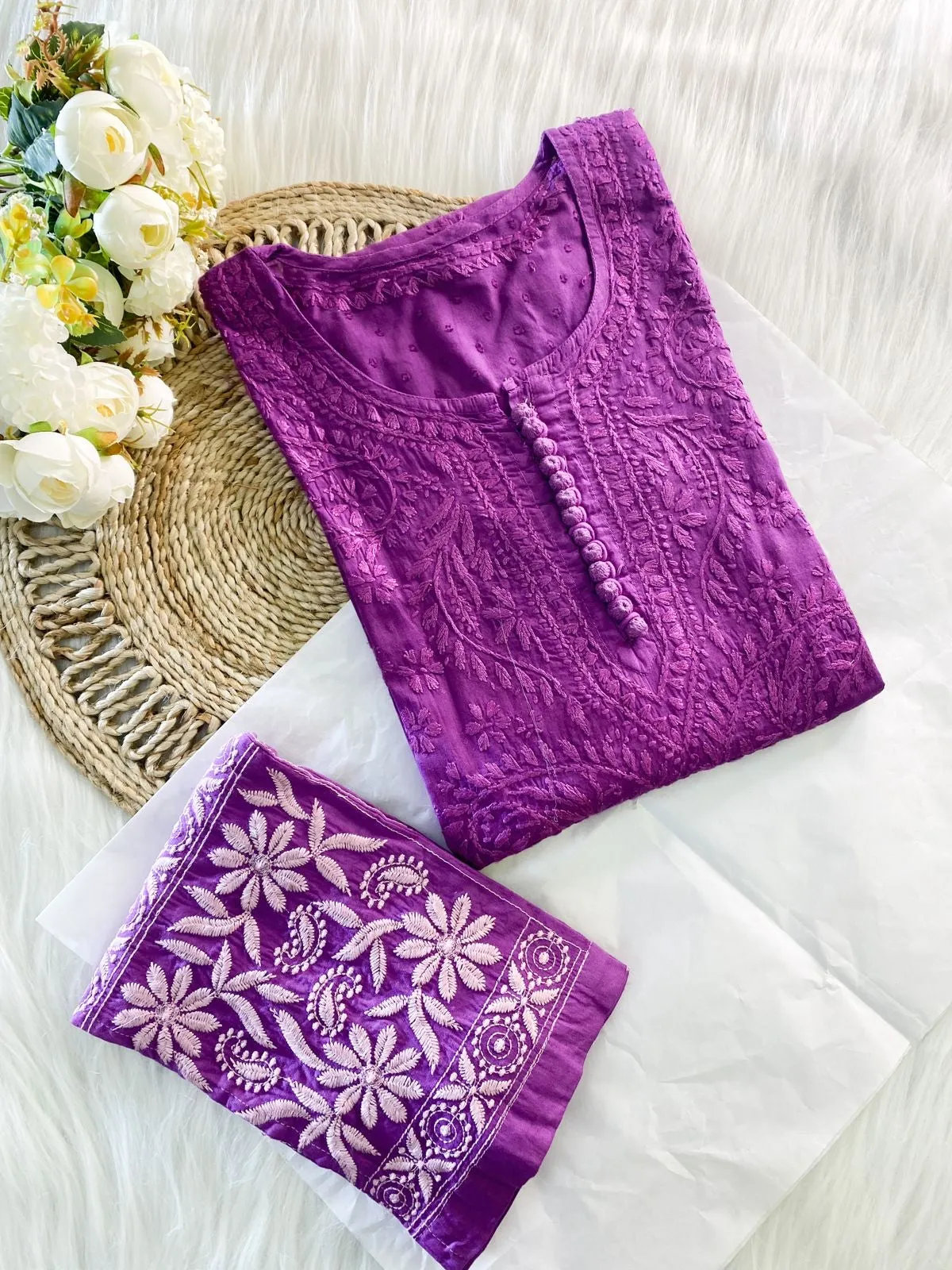 Dark purple Chikankari cotton Kurti With Pant