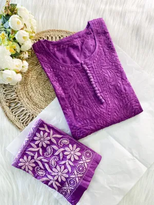 Dark purple Chikankari cotton Kurti With Pant