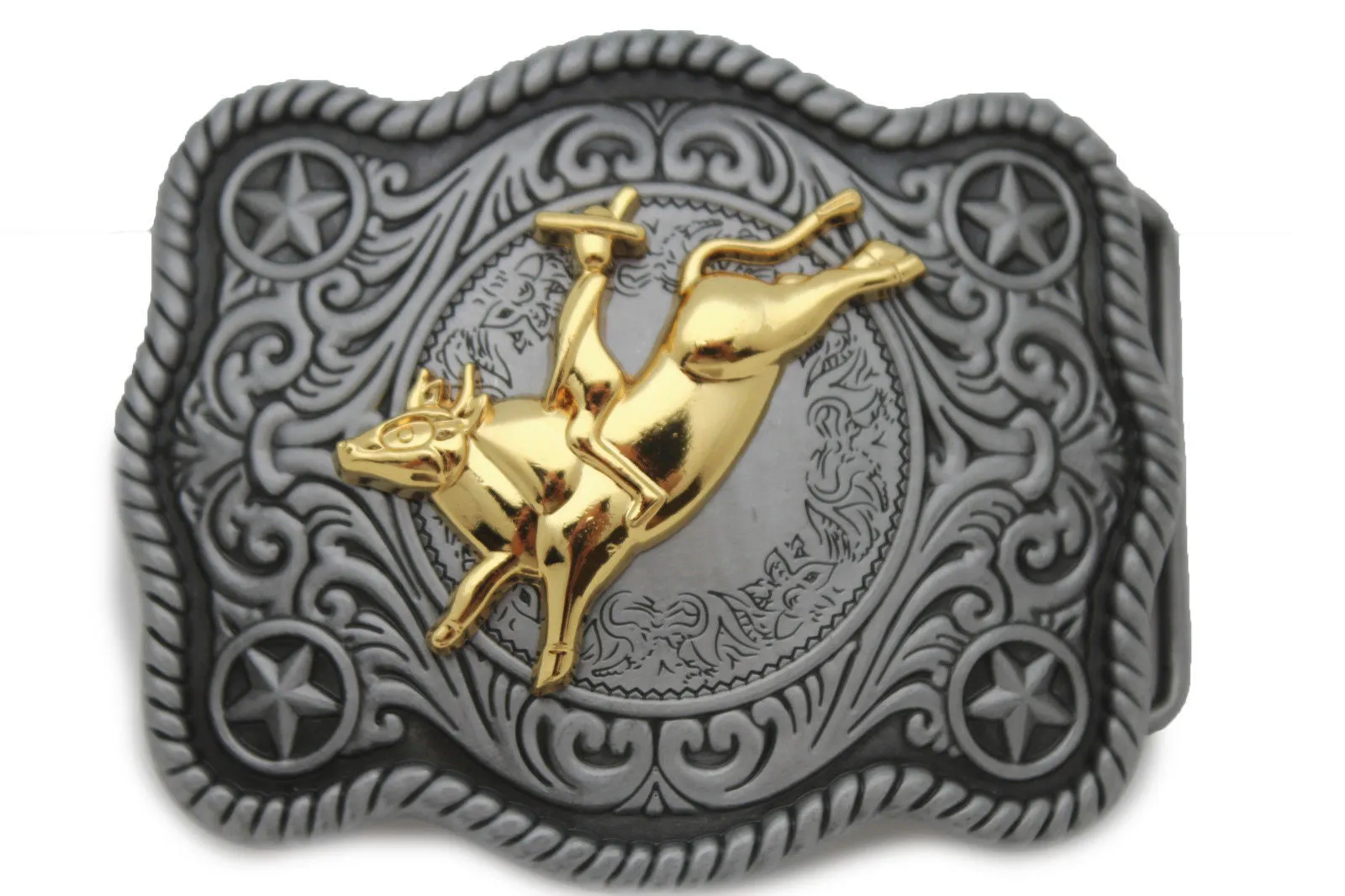 Dark Silver Metal 3D Belt Buckle Gold Bull Riding Men Cowboy Western Rodeo