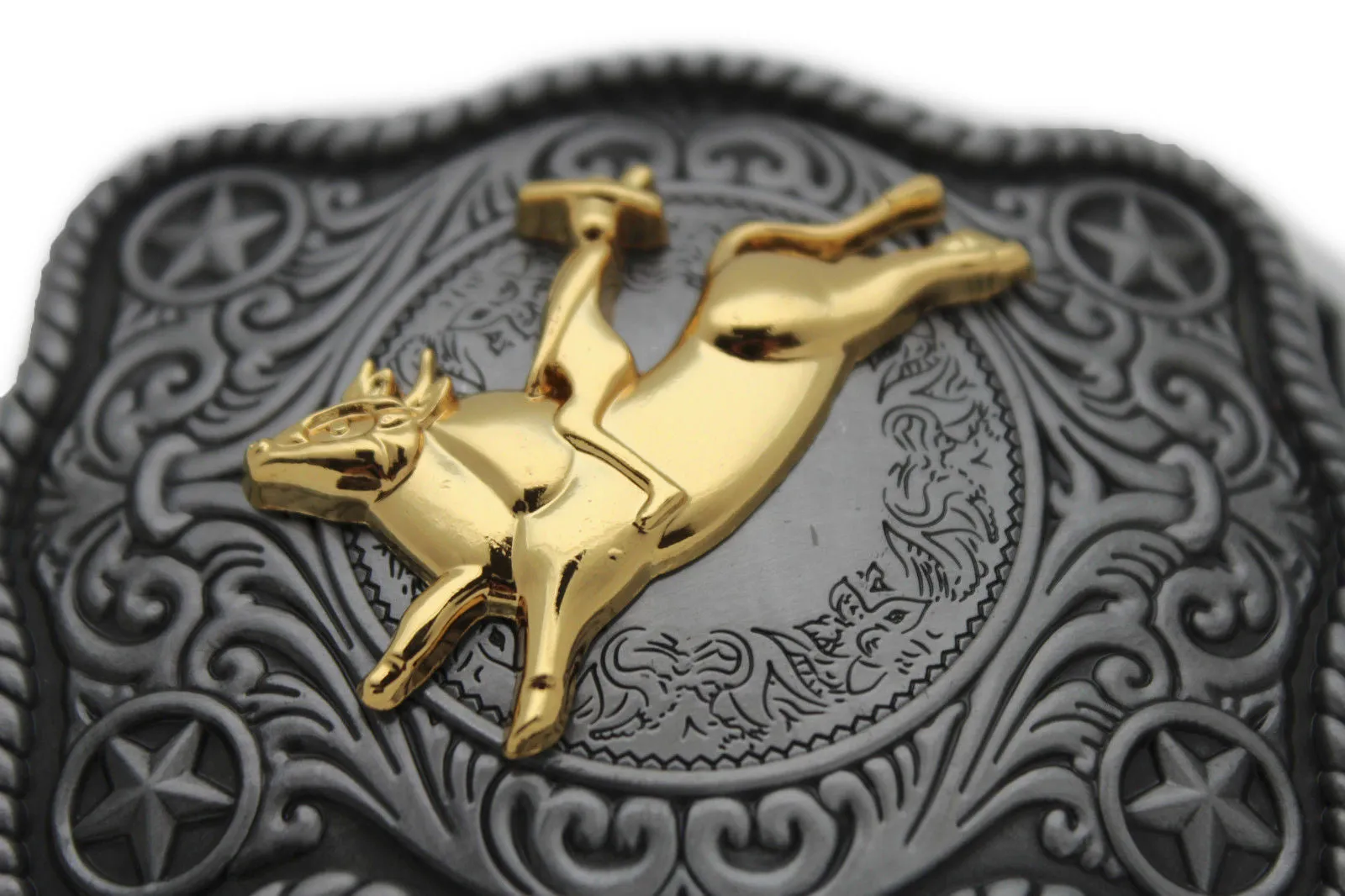 Dark Silver Metal 3D Belt Buckle Gold Bull Riding Men Cowboy Western Rodeo
