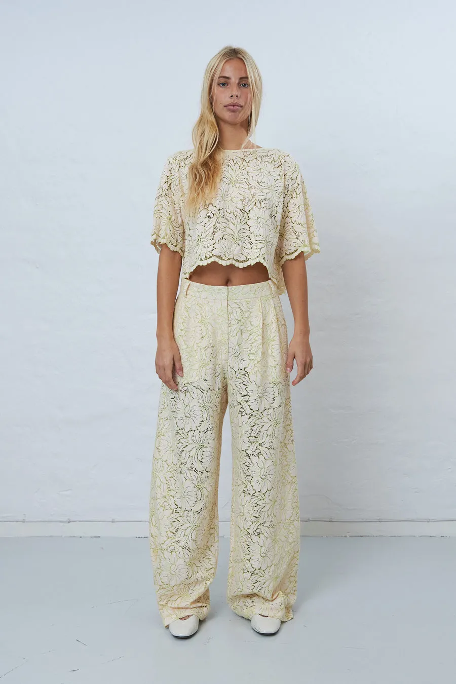 Delicate Lace Flared Pant - Vanilla/Green Tea