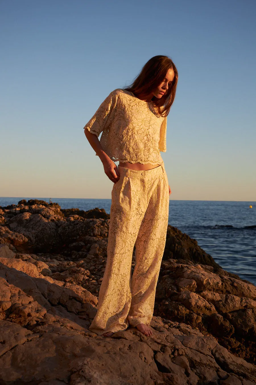 Delicate Lace Flared Pant - Vanilla/Green Tea