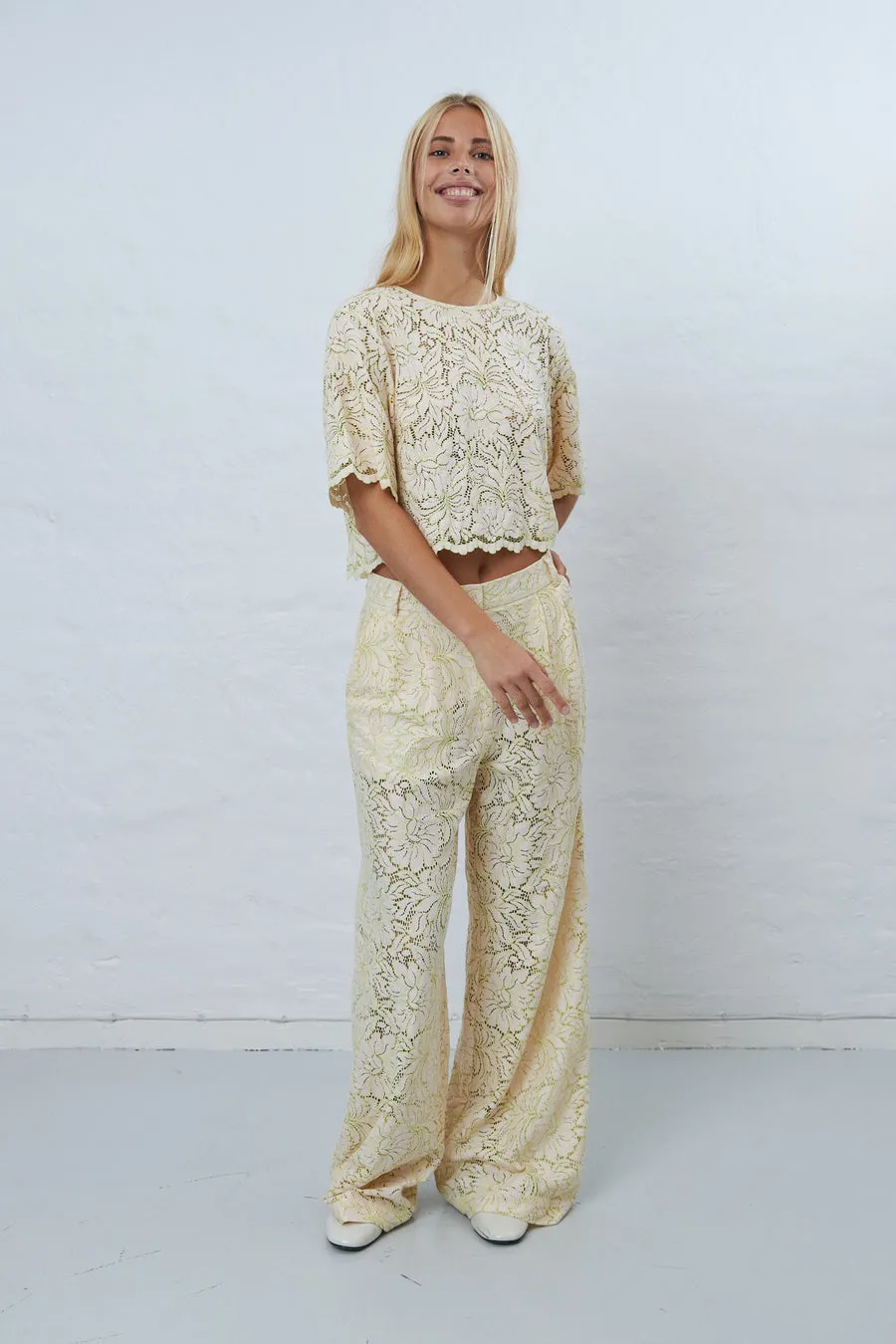 Delicate Lace Flared Pant - Vanilla/Green Tea
