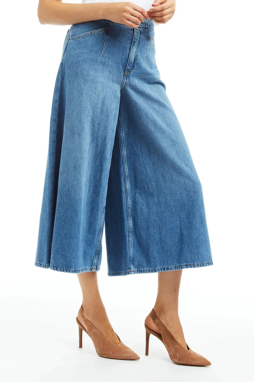 Denim Culotte with Back Buckle - Medium Wash
