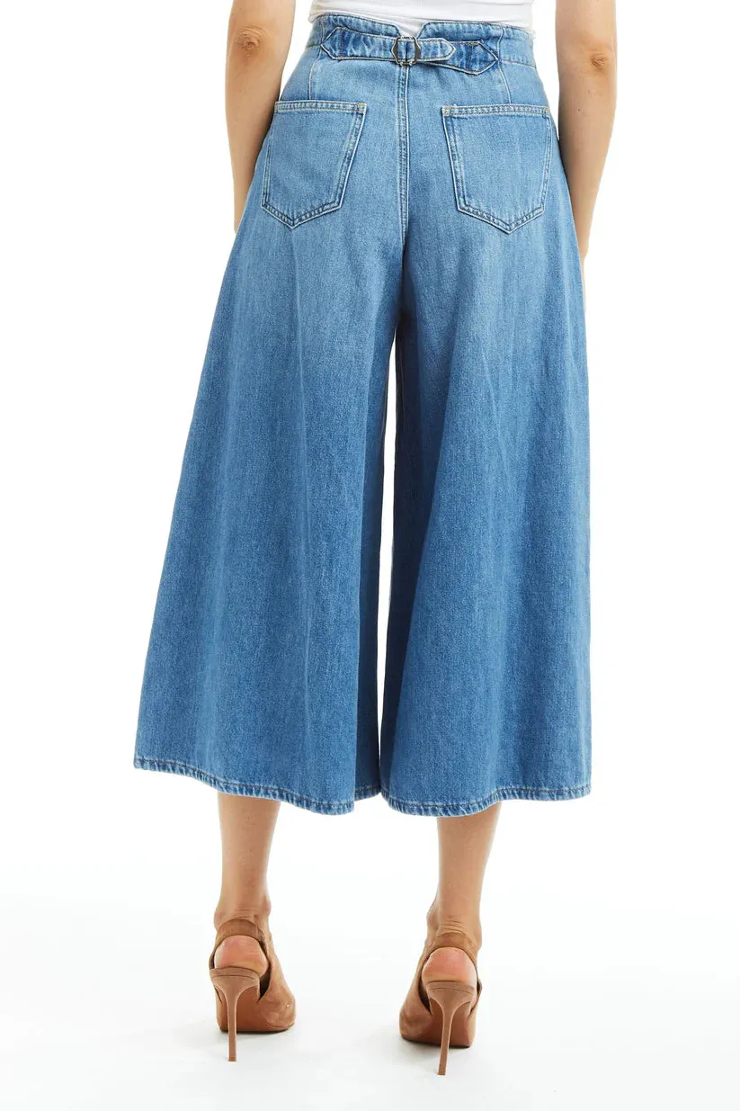 Denim Culotte with Back Buckle - Medium Wash
