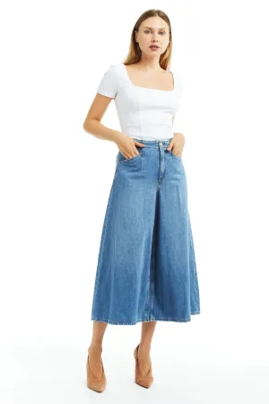 Denim Culotte with Back Buckle - Medium Wash