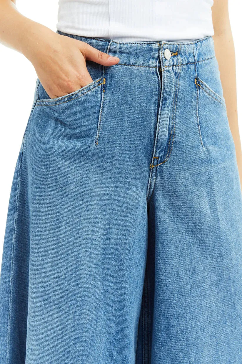 Denim Culotte with Back Buckle - Medium Wash
