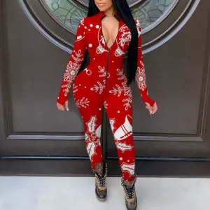 Fashion Christmas Print Zipper Design Long Sleeve Jumpsuit Pyjama
