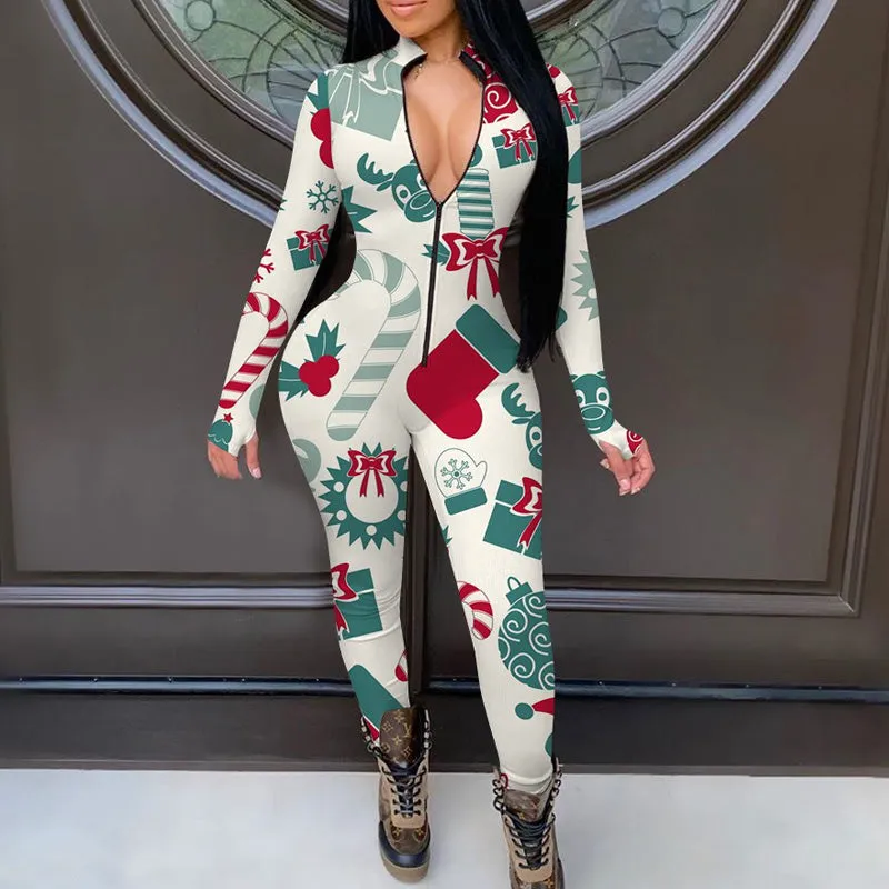 Fashion Christmas Print Zipper Design Long Sleeve Jumpsuit Pyjama