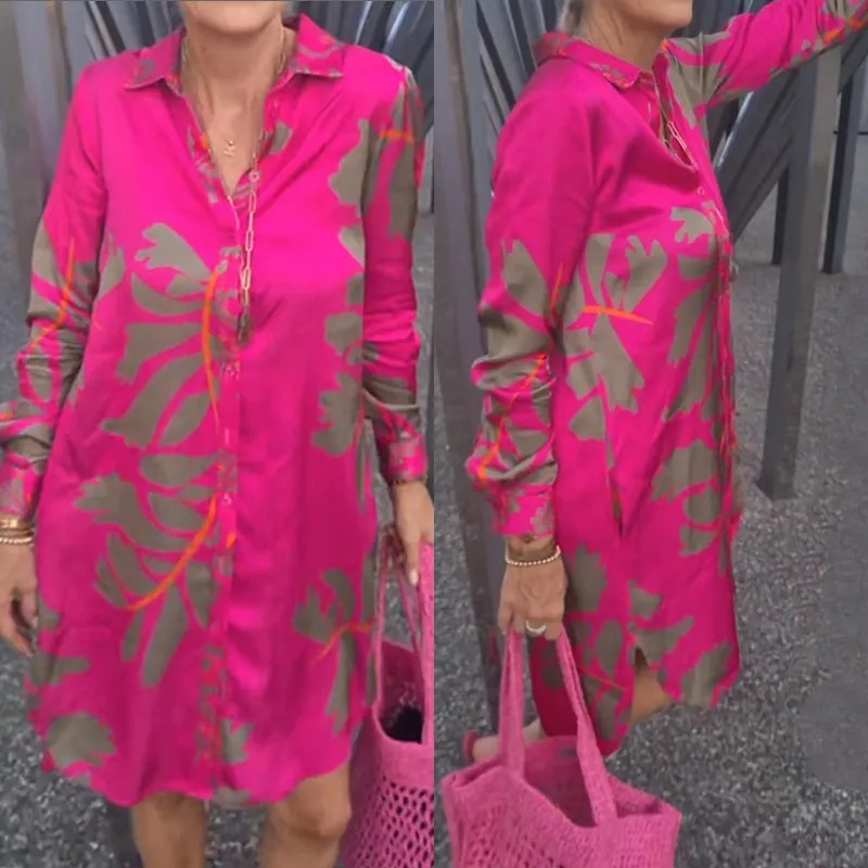 Fashion Printed Glossy Pink Dress for Plus Size Women