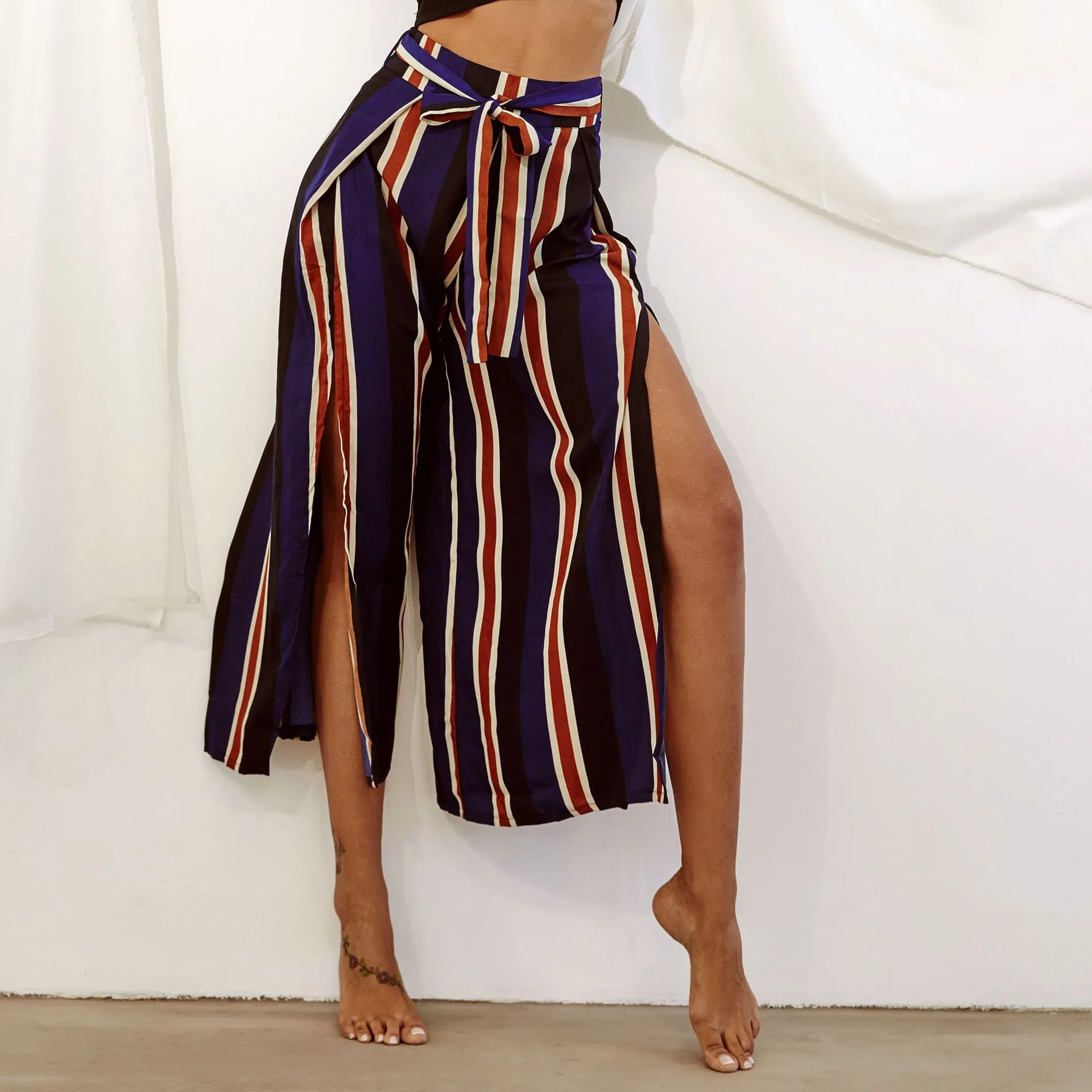Fashion Striped Sexy Split Side-Leg Pants